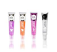 NK lip gloss gel 15ml Vitamin E, Shiny, Nourishes, Blueberry, Peach, Grape and Clear flavoured by Nicka K (Multi Pack Of 4).