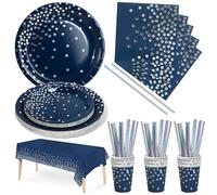 Nkaiso 126 Pcs Navy Blue and Silver Party Plates Cups and Napkins for 25 | Party Supplies with 9" Dinner Plates & 7" Dessert Plates Cups Straws, Tableware for Birthday Party, Wedding