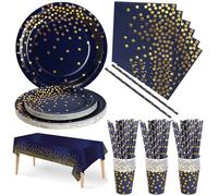 Nkaiso 126 Pcs Navy Blue Gold Party Plates Cups and Napkins Set for 25 | Party Tableware Supplies Set with Paper Plates Napkins Cups Straws for Wedding Shower Engagement Wedding Birthday