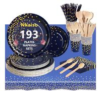 Nkaiso 193 Pcs Navy Blue Gold Paper Plates and Napkins Set for 24 Guests | Party Tableware Supplies Set with Party Plates Cups and Napkins Straws for Wedding Shower Engagement Wedding Birthday
