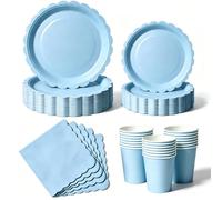 Nkaiso 50 Pcs Baby Blue Scalloped Paper Plates and Napkins Set for 10