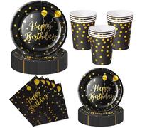 Nkaiso 50 Pcs Black Gold Birthday Plates and Napkins Set for 10 Guests
