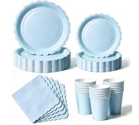 Nkaiso 50 Pcs Light Blue Scalloped Paper Plates and Napkins Set for 10