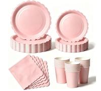 Nkaiso 50 Pcs Light Pink Scalloped Paper Plates and Napkins Set for 10