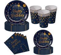 Nkaiso 50 Pcs Navy Blue Gold Birthday Plates and Napkins Set for 10 Guests