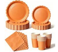 Nkaiso 50 Pcs Orange Scalloped Paper Plates and Napkins Set for 10