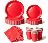Nkaiso 50 Pcs Red Scalloped Paper Plates and Napkins Set for 10