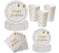 Nkaiso 50 Pcs White Gold Birthday Plates and Napkins Set for 10 Guests