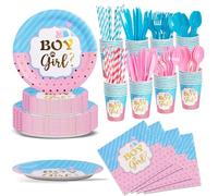 Nkaiso Blue and Pink Baby Shower Gender Reveal Party Tableware Set, 192 Pieces Girls Boys Gender Reveal Theme Tableware Decorations Plates Cups Napkins Party Supplies- 24 Guests
