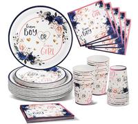 Nkaiso Flower Baby Shower Gender Reveal Party Tableware Set, 96 Pieces Girls Boys Gender Reveal Theme Tableware Decorations Plates Cups Napkins Party Supplies- 24 Guests