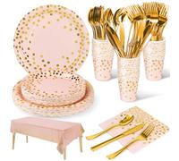 Nkaiso Paper Plates Napkins Cups Set, 141 Piece Pink Gold Birthday Tableware Set for Kids - Includes Paper Plates, Cups, Napkins for Baby Shower Wedding Party Decor Supplies - 20 Guests