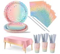 Nkaiso Party Tableware 126 Piece Rainbow and Silver Paper Tableware Set Includes Birthday Paper Plates Napkins Cups Straws for Wedding Shower Birthday-25 Guests