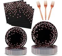 Nkaiso Party Tableware 144 Pieces Black and Rose Gold Kids Birthday Plates Party Supplies Set Includes Paper Plates Napkins Reusable Cutlery for Wedding Decorations Shower-24 Guests