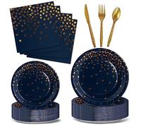 Nkaiso Party Tableware 144 Pieces Navy Blue Gold Kids Birthday Party Plates Party Supplies Set Includes Paper Plates Napkins Reusable Cutlery for Birthday Decorations Christening Wedding -24 Guests