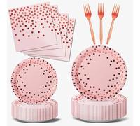 Nkaiso Party Tableware 144 Pieces Pink and Rose Gold Kids Birthday Plates Party Supplies Set Includes Paper Plates Napkins Reusable Cutlery for Birthday Decorations Christening Wedding-24 Guests