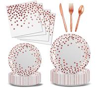 Nkaiso Party Tableware 144 Pieces Rose Gold Kids Birthday Party Plates Party Supplies Set Includes Paper Plates Napkins Reusable Cutlery for Birthday Decorations Christening Wedding Shower-24 Guests