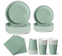 Nkaiso Sage Green Party Tableware Set, 96 Piece Disposable Paper Plates Cups and Napkins, Neutral Green Dinnerware for Wedding, Garden Party & Elegant Celebrations for 24 Guests