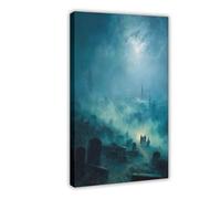 NKALFGH Misty Graveyard Under Moonligh Canvas Poster Bedroom Decor Landscape Decor Gift 08x12inch(20x30cm)