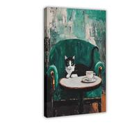 NKALFGH Tuxedo Cat Tea Time Canvas Poster Bedroom Decor Landscape Decor Gift 24x36inch(60x90cm)