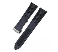 NKCVEZBW Compatible With Curved End Thick Cowhide 19mm 20mm 21mm Watchband Compatible With Omega Speedmaster Moon Watch Leather Strap Foldover Clasp(Black blue silver,20mm)