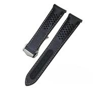 NKCVEZBW Compatible With Curved End Thick Cowhide 19mm 20mm 21mm Watchband Compatible With Omega Speedmaster Moon Watch Leather Strap Foldover Clasp(Black white silver,20mm)