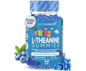 NKD Living Kids L-Theanine Gummies - 30 Count | Improve Focus & Concentration | with Added Magnesium, Live Cultures and B Vitamins for Gut & Nervous System Health | Blueberry Flavour