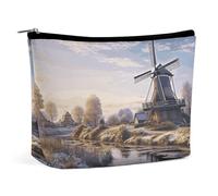 NKJJSTES Large Capacity Cosmetic Bag Waterproof Cosmetic Organizer Pink Flower Tropical Plant Cosmetic Accessories Organizer for Women/girl, Landscape with a Traditional Windmill, One Size