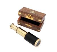 NKlaus Brass and Leather Telescope in Wooden Box - 10 x 5.5 cm Retro Nautical Decoration, Ocean Elegance 16142