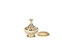 NKlaus Gold Handmade Brass Incense Burner with Grid, 8cm H x 7cm D, Smoked Coal Operating Mode