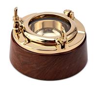 NKlaus Nautical 12 cm Porthole Ashtray on Base Round Brass Wood Ashtray Maritime for Boat and Patio 11511