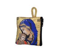 NKlaus Rosary Bag 6.6 x 7.2 cm - Mary in Blue Robe with Child, Gold Embroidered, Zip & Carry Strap - Religious Case for Prayer & Pilgrimage