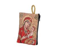 NKlaus Rosary Bag 7 x 10 cm - Maria Hodegetria, Red/Gold Embroidered, with Zip and Carry Strap - Religious Case for Prayer and Pilgrimage