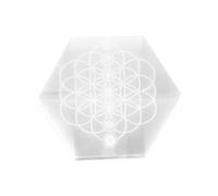 NKlaus Selenite Plate with Chakra Engraving - 10 x 9 cm Hexagon for Crystal Energising & Meditation, Flower of Life, Energetic Cleansing, Esoteric Altar Stone 16596