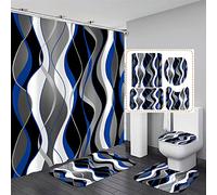 Nkzply 4 Pcs Blue and Black Striped Shower Curtain Set Grey and White Bathroom Sets with Shower Curtain and Rugs Modern Home Bathroom Decor Shower Curtains with Rugs and Toilet Lid Cover