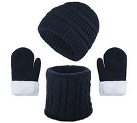 NLAND Kids Beanie Hat Scarf and Gloves Set 3 in 1 Warm Knitted Hats Neck Warmer Fleece Lining Gloves for Boys Girls 1-10 Years (Navy-S,1-3 Jahre)