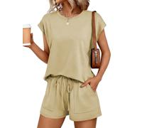 NLAND Two Piece Outfits Women Summer Tracksuit Womens Full Set Casual Co Ord Sets Crew Neck Solid Color Sleeveless Top and Shorts with Pockets Drawstring Loungewear Sleepwear Homewear(Khaki,L)
