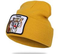 NLAND Winter Beanie Hat Men's and Women's Warm Knitted Hats Thermal Fleece Lining Cuffed Skullies Beanie Solid Color Soft Warm Elastic Unisex Hat Animal Tiger Shark Wolf Pattern（Yellow,One Size）