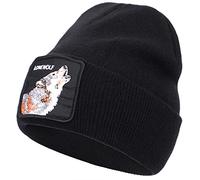 NLAND Winter Beanie Hat Men's and Women's Warm Knitted Hats Thermal Fleece Lining Cuffed Skullies Beanie Solid Color Soft Warm Elastic Unisex Hat Animal Tiger Shark Wolf Pattern（Black，One Size）
