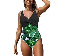 NLAND Women One Piece Swimsuit V Neck Swimming Costume Tummy Control Swimwear High Waist Padded Bathing Suit Push Up Ruched Monokinis(Black Green Leaves, XL)