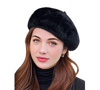 NLAND Women Vintage French Beret Classic Artist Painter Hat Solid Color Winter Beret Cap Mink Faux Fur Cozy Hat(Black,One Size)