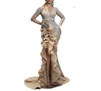 NLAVW Women Evening Dresses Long Bodycon Ruffles Formal Gown Ball Side Slit Glitter Party Prom Gowns Dress Dresses Mature Dresses,Silver,M