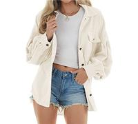 NLAVW Women's Corduroy Shirt with Button Placket Women's Oversized Long-sleeved Jacket Blouse Tops Corduroy Shirt Corduroy Jacket,White,M