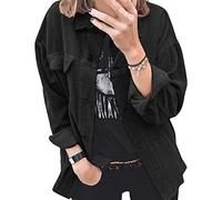 NLAVW Women's Corduroy Shirt with Button Placket Women's Oversized Long-sleeved Jacket Blouse Tops Corduroy Shirt Corduroy Jacket,Black,M