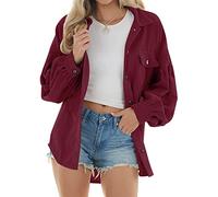 NLAVW Women's Corduroy Shirt with Button Placket Women's Oversized Long-sleeved Jacket Blouse Tops Corduroy Shirt Corduroy Jacket,Red,XL