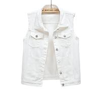 NLAVW Women's Denim Vest Denim Waistcoat Plus Size 5XL-6XL Short Sleeveless Jacket Waistcoat Vintage Jeans Vest Women's Ripped Cardigan,White,M