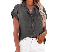 NLAVW Womens Summer Button Down Denim Shirt Short Sleeve Casual Shirts Tops Loose Fit Jean Jacket Blouses Fit Tunic Blouse,gray,M