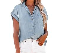 NLAVW Womens Summer Button Down Denim Shirt Short Sleeve Casual Shirts Tops Loose Fit Jean Jacket Blouses Fit Tunic Blouse,light blue,XXL