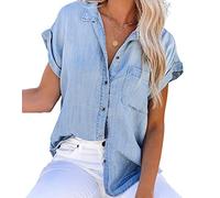 NLAVW Womens Summer Button Down Denim Shirt Short Sleeve Casual Shirts Tops Loose Fit Jean Jacket Blouses Fit Tunic Blouse,blue,S