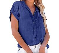 NLAVW Womens Summer Button Down Denim Shirt Short Sleeve Casual Shirts Tops Loose Fit Jean Jacket Blouses Fit Tunic Blouse,dark blue,XXL