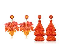 NLCAC 2 Pairs Thanksgiving Earrings Beaded Maple Leaf Orange Tassel Dangle Earrings Autumn Fall Earrings Thanksgiving Gifts for Women (Maple leaf tassel)
